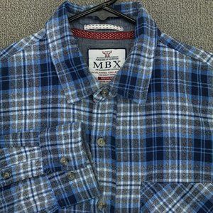 MBX Premium Flannel Shirt Mens Medium Blue Plaid Button Up Long Sleeve #9564